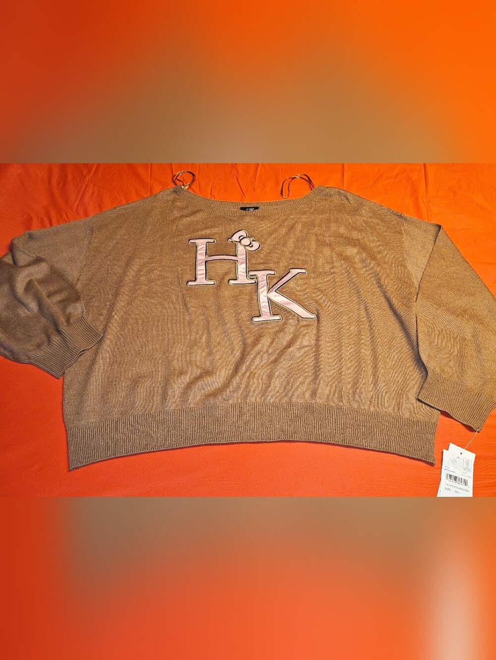 Hello Kitty Pink Letters & Bow Embroidered Crop Slight Off Shoulders Sweater XXL